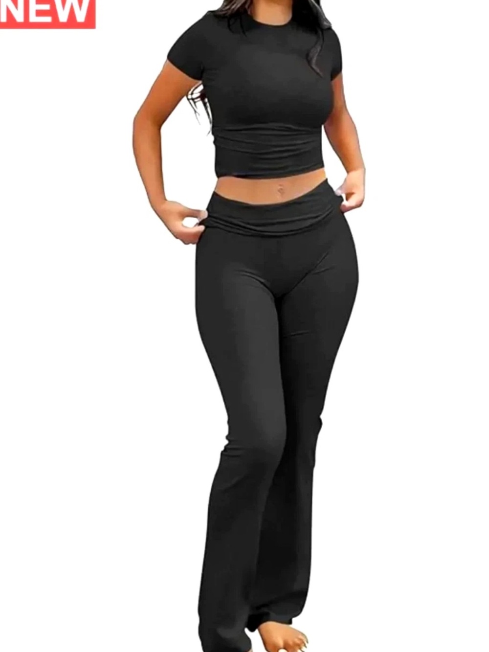 DYUKI Fold Over Waist Workout Flared Pants Sport Cropped Top Fitness Blk  L/XL